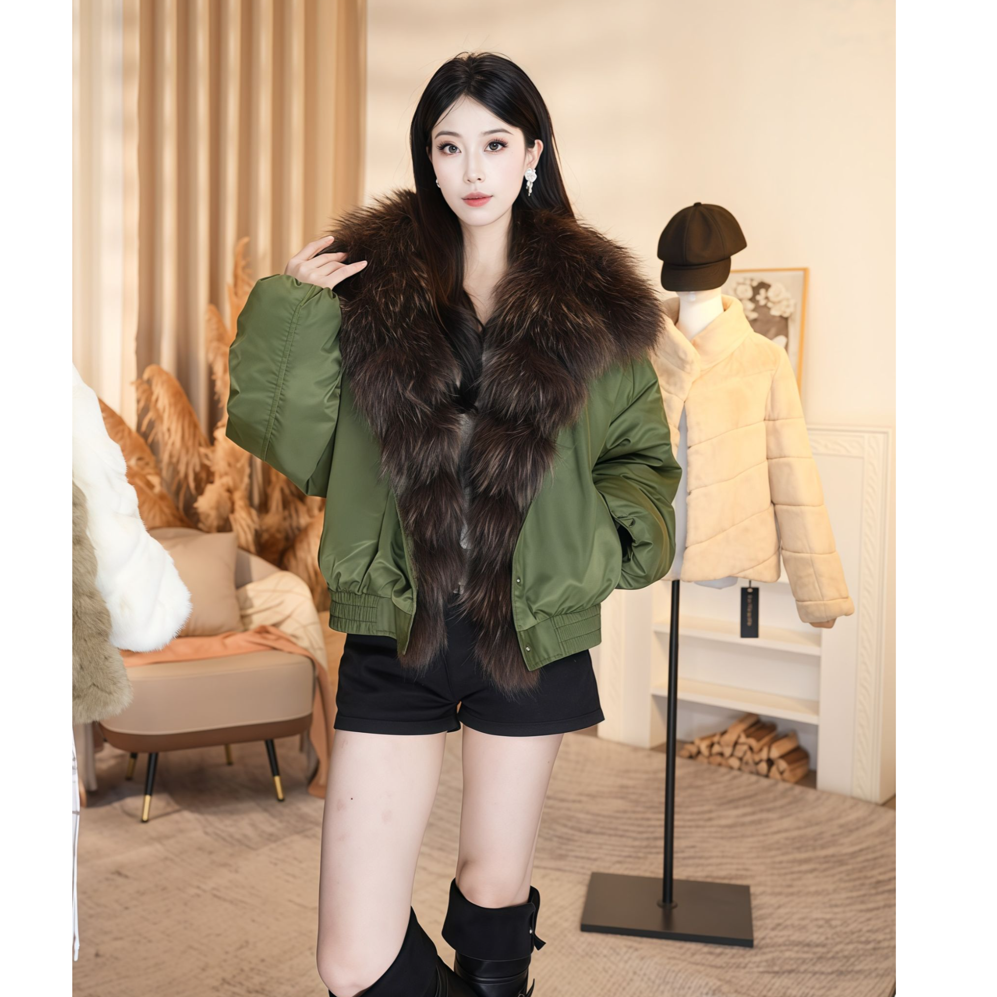 【拉夏贝尔】冬季氛围毛领宽松短款显高显瘦V领翻领羽绒服貉子毛女