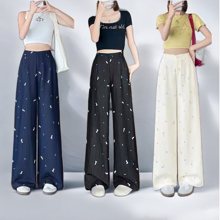 布姿尚品杏色冰丝阔腿裤女2025夏季薄款高腰垂感小狗印花直筒裤子