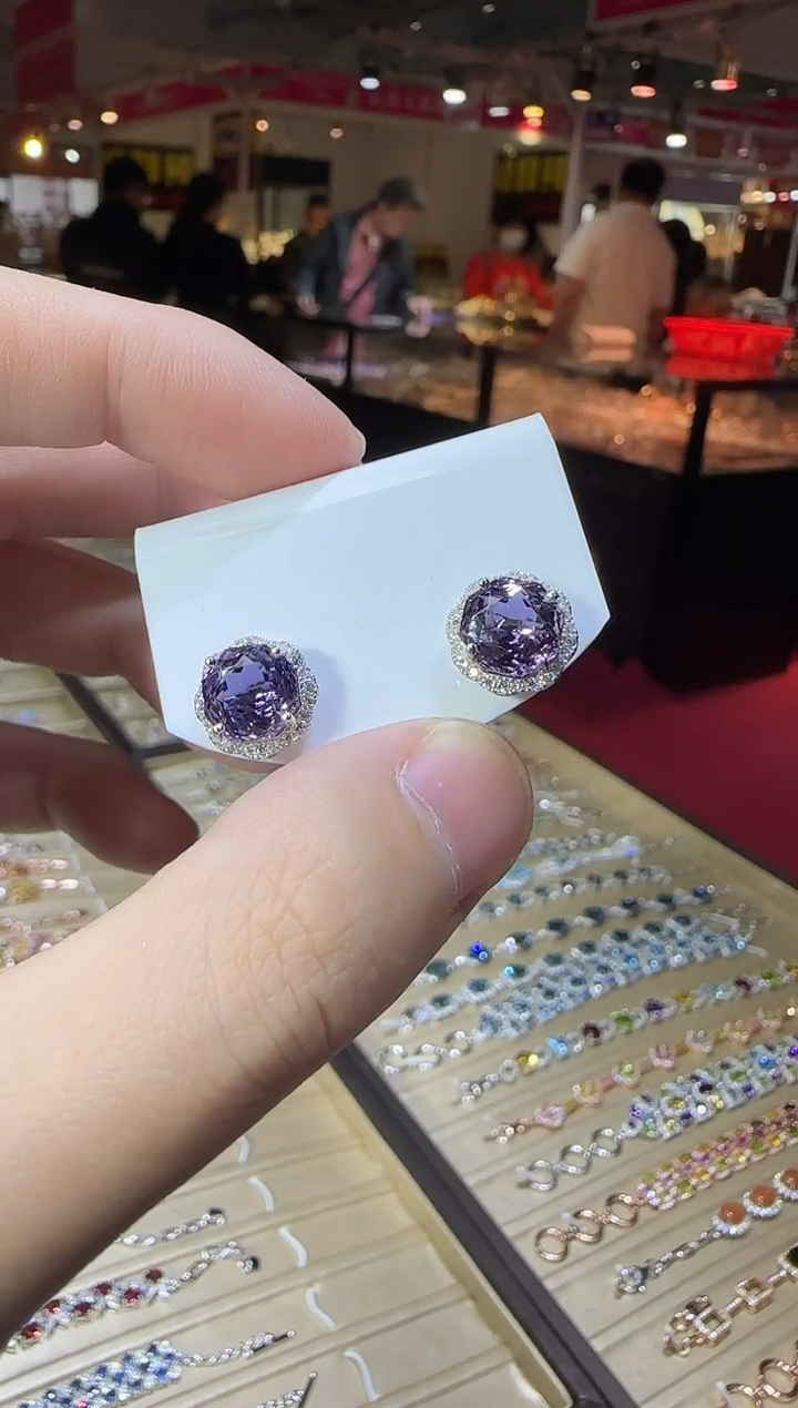 银S925镶嵌耳饰紫晶10mm玫瑰耳钉