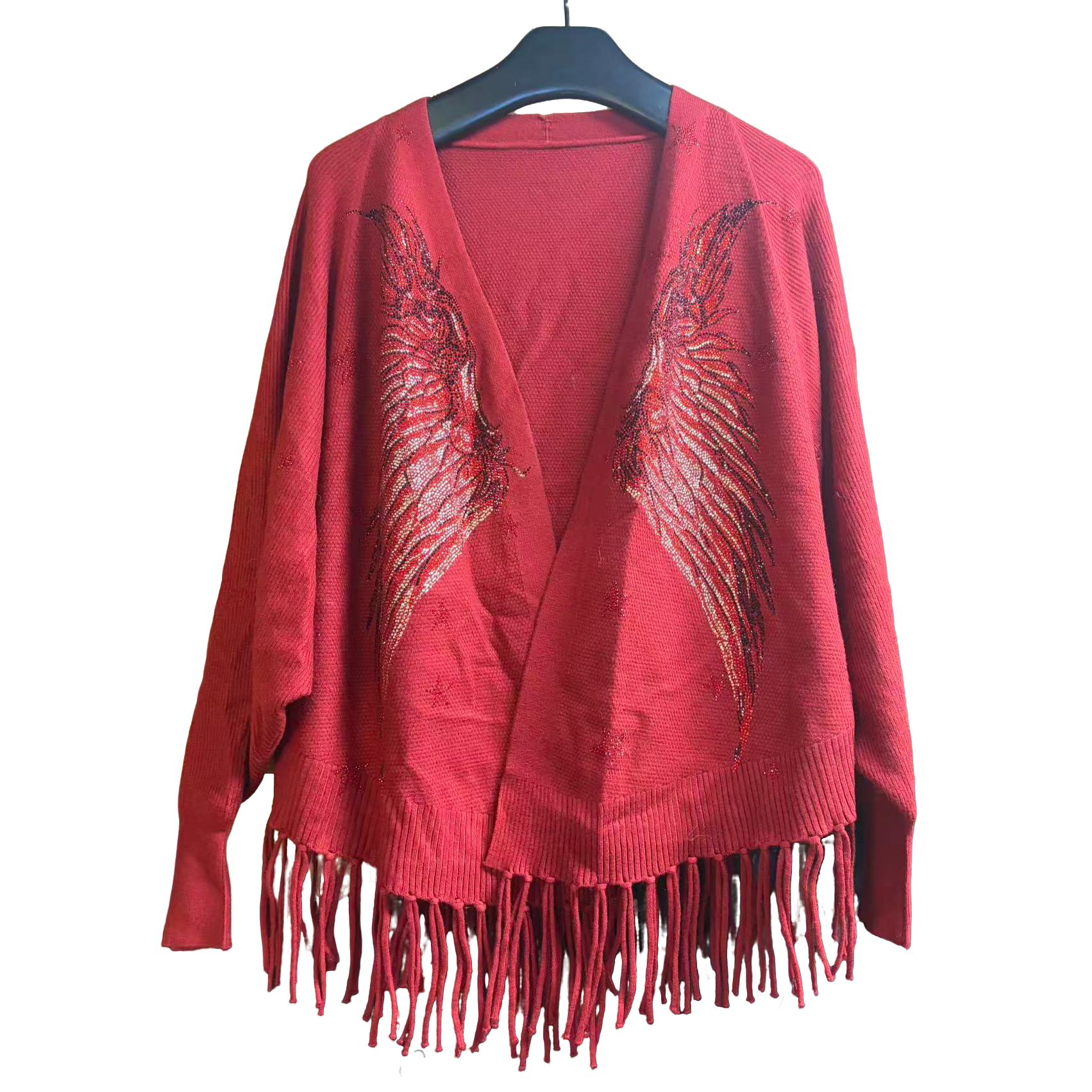 TCH-时尚潮牌天使之翼烫钻红色流苏针织外套T75D43E1098