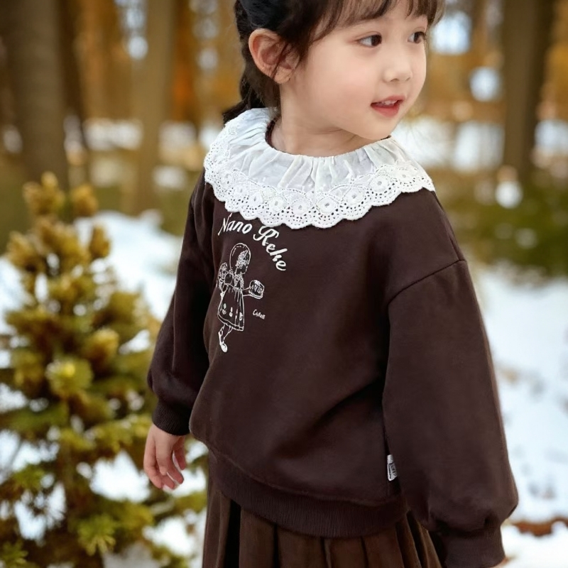 冬款女童圆领韩系加绒卫衣长袖娃娃领宝宝翻领纯棉蕾丝边【80-120】