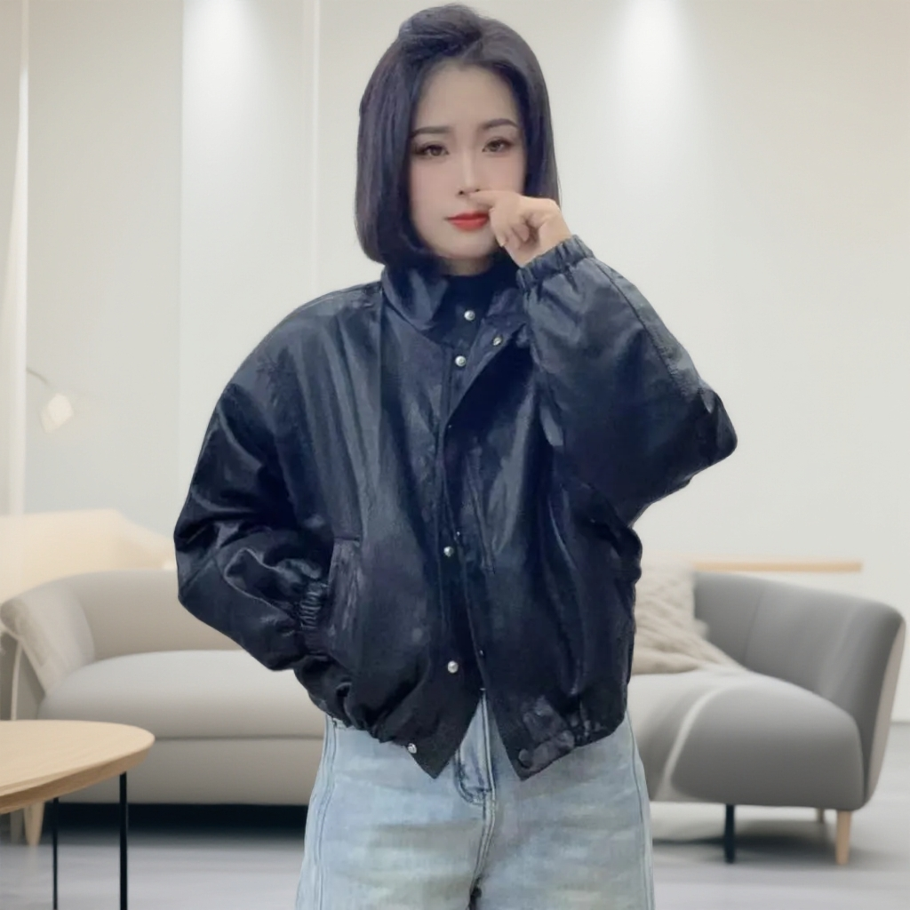 295短款立领加绒加厚皮衣外套女冬季显瘦韩版时尚百搭机车宽松