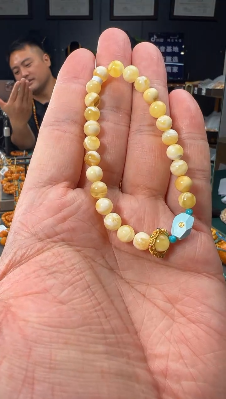 【闪购商品】琥珀裸石银S925镶嵌金白手串-S3