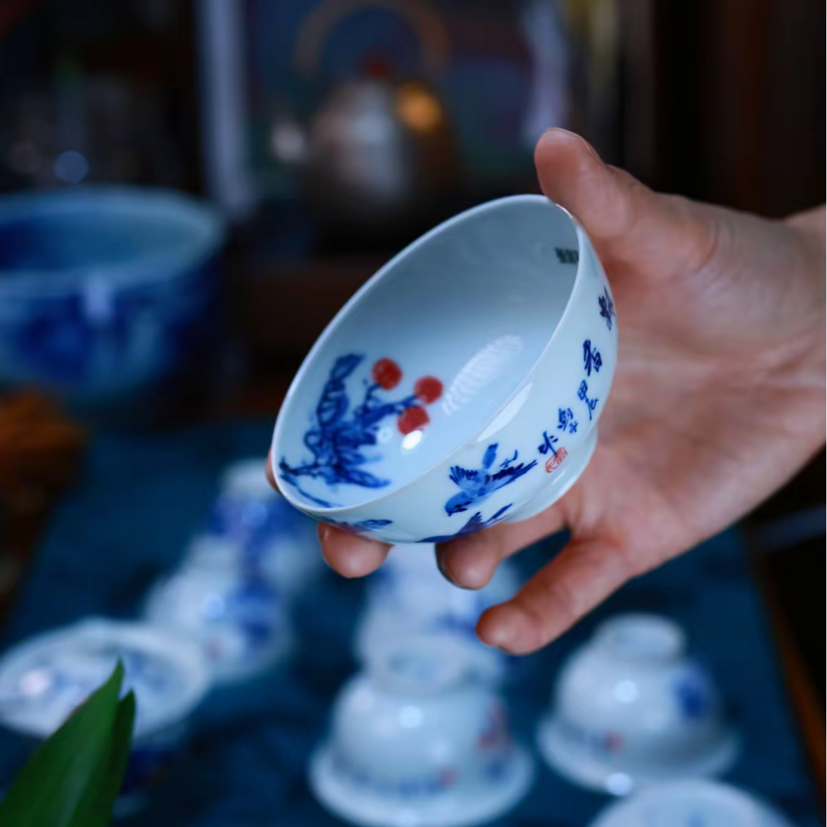 张剑平老师，普洱杯，高温釉下彩，小鸟茶杯陶瓷
