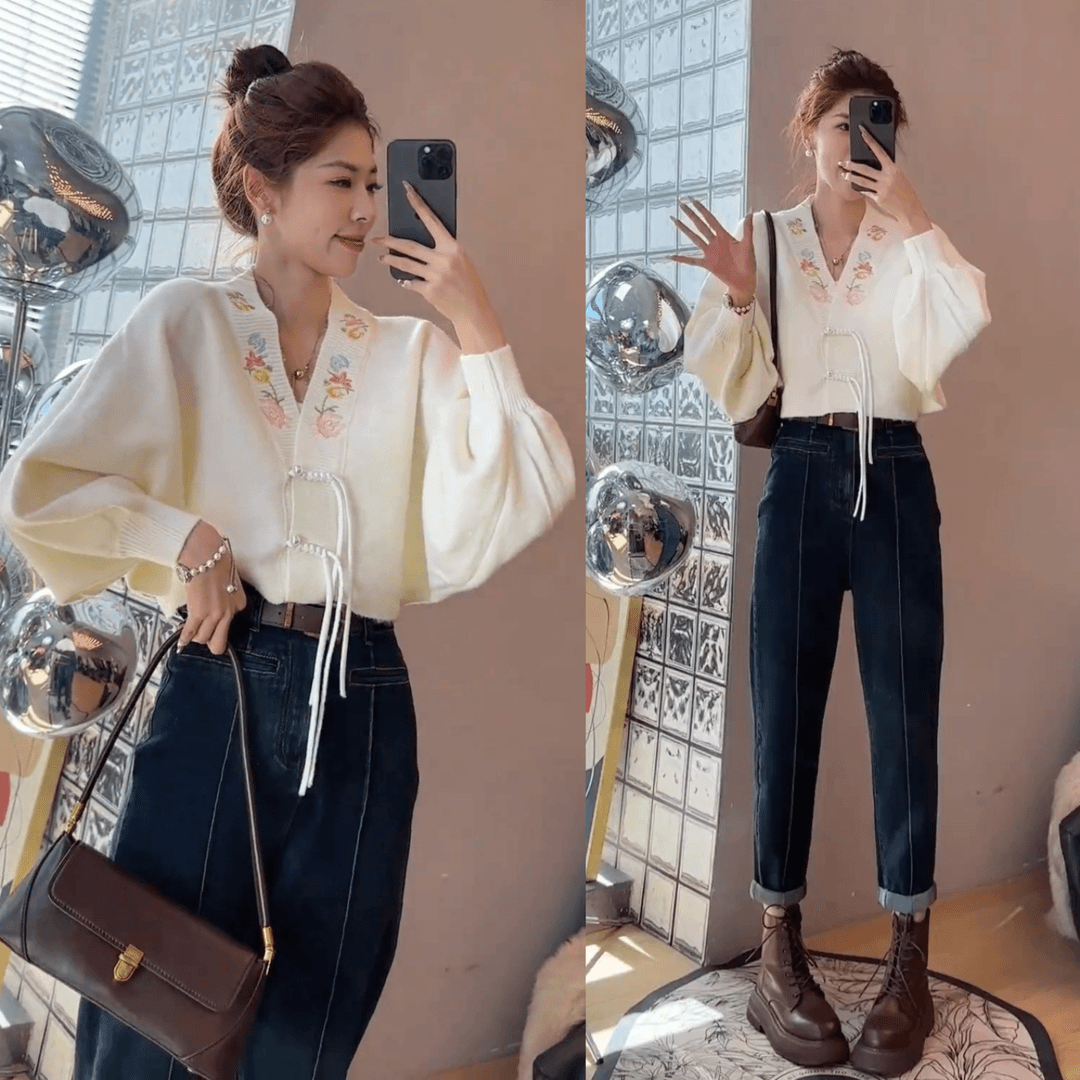 新中式国风盘扣长袖针织开衫毛衣外套+高腰弹力显瘦老爹裤牛仔裤