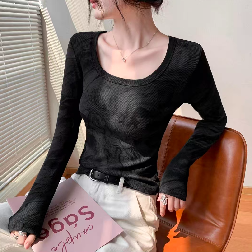 2025秋冬新款方领扎染长袖T恤时尚显瘦外穿内搭上衣251102长45