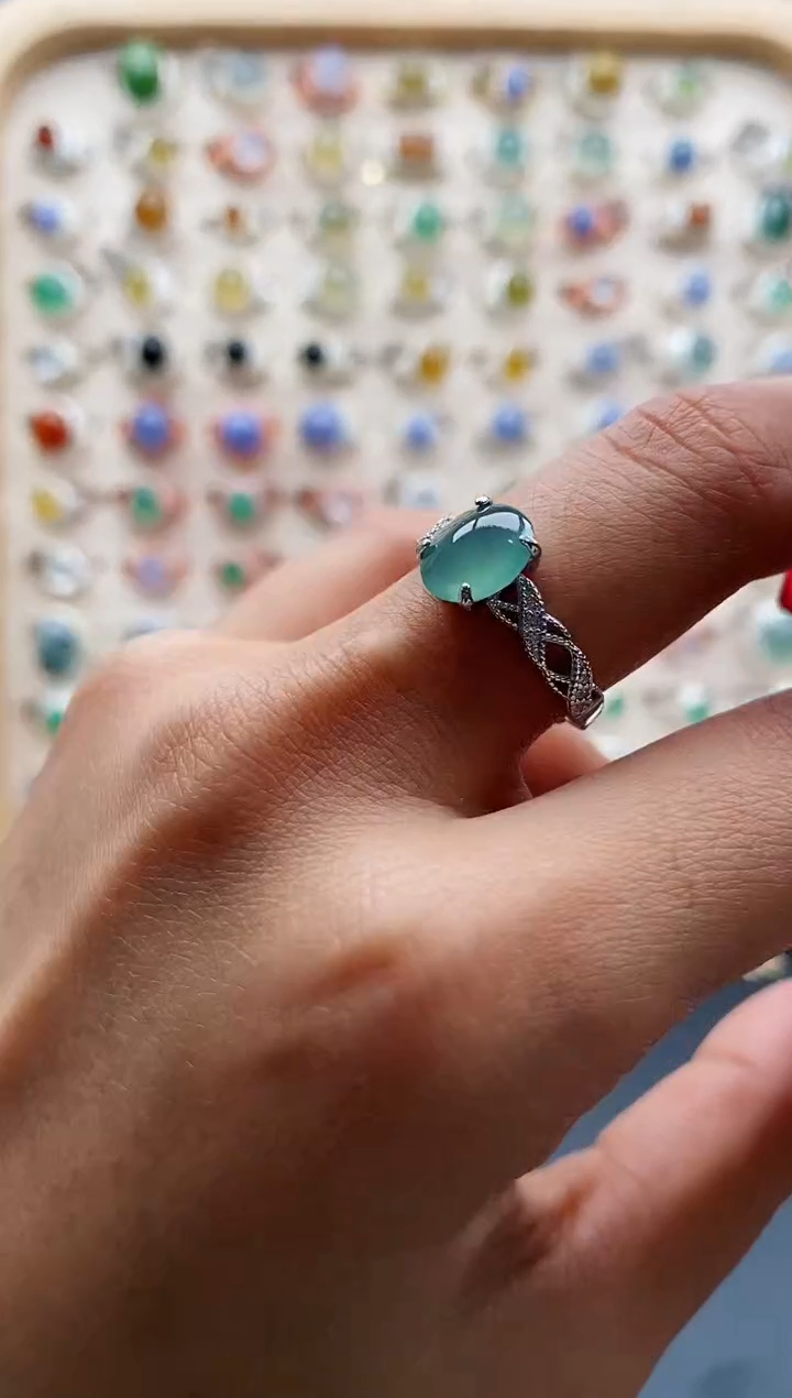 【闪购商品】翡翠戒指银S925镶嵌缅甸天然A货翡翠222 7+5