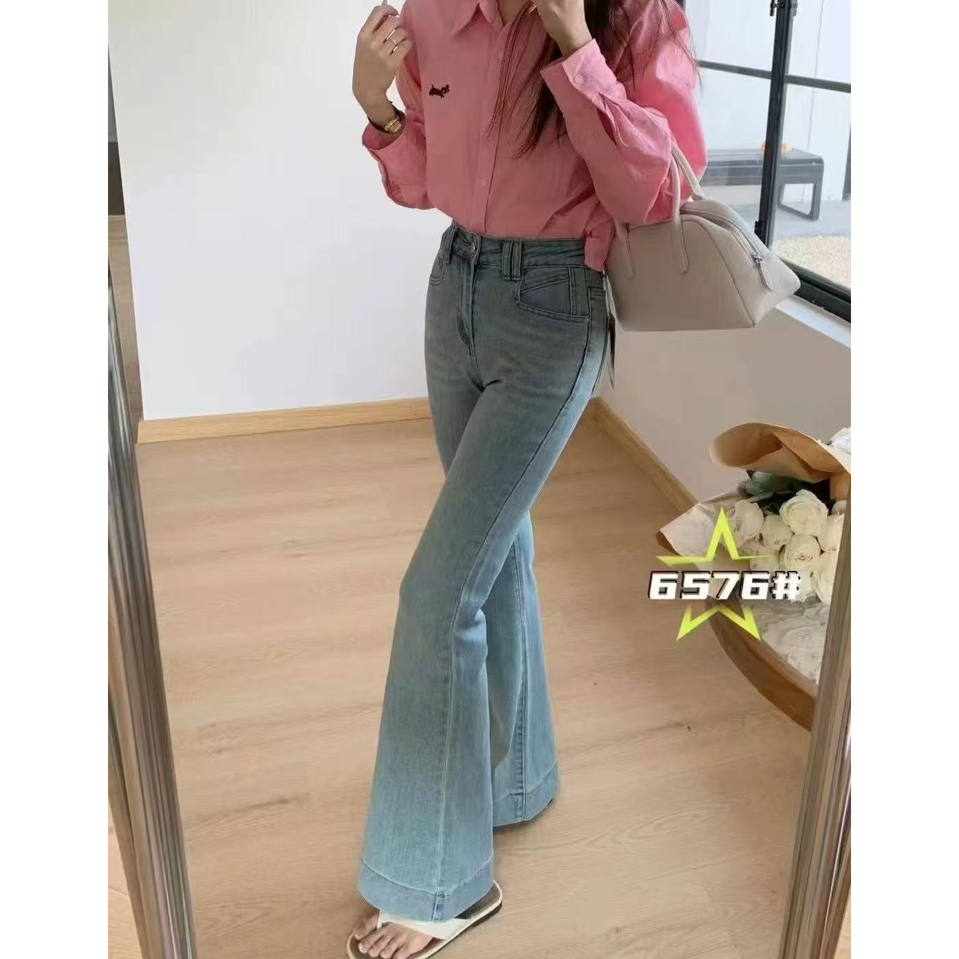 6576复古浅色喇叭裤女薄款春秋新款高腰修身显瘦弹力微喇牛仔裤女