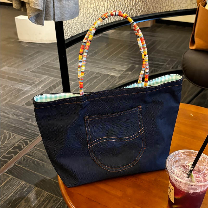 两面背有底拖—便携百搭牛仔薄荷小手提包单肩通勤包包百搭