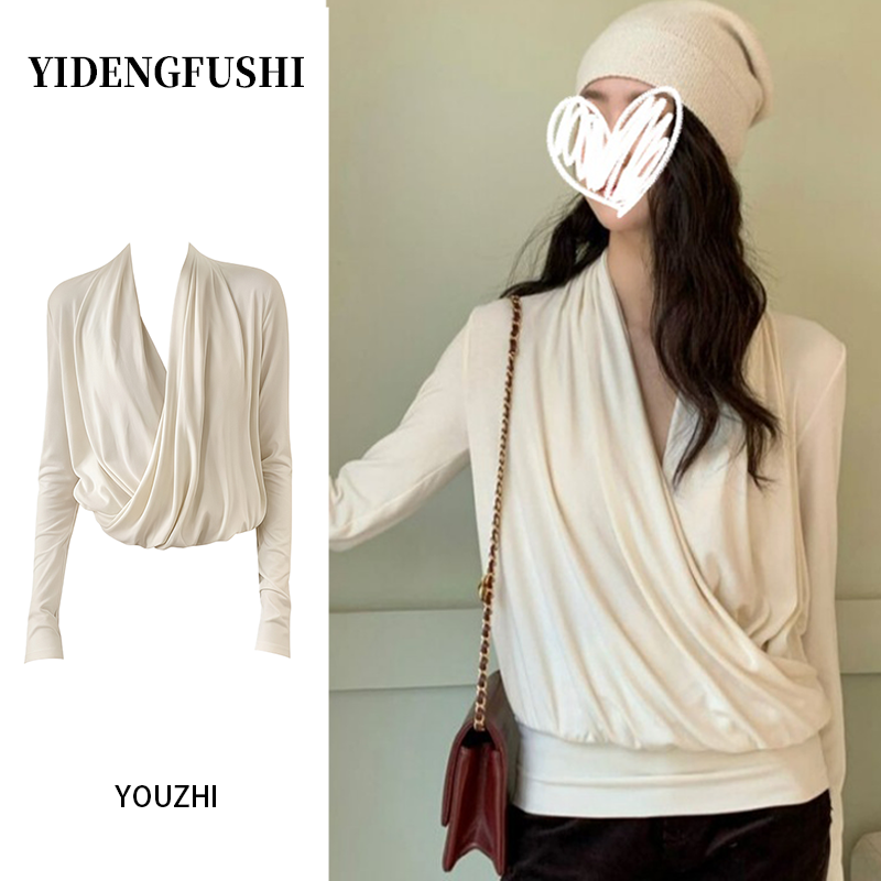 2025秋冬褶皱垂感深V荡领气质温柔百搭显瘦交叉设计长袖T恤女上衣