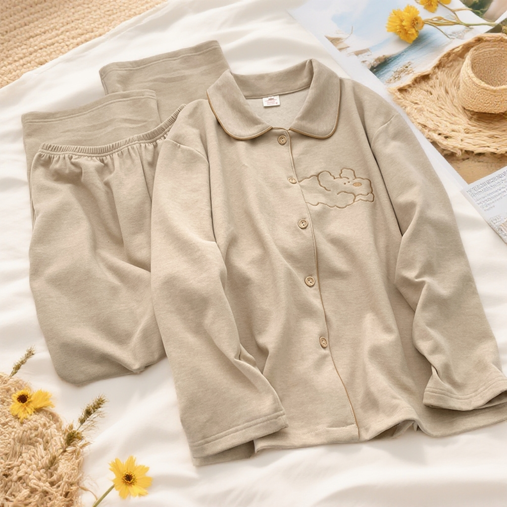 超柔软睡衣女秋冬季长袖蚕丝羊绒小狗刺绣保暖加厚家居服