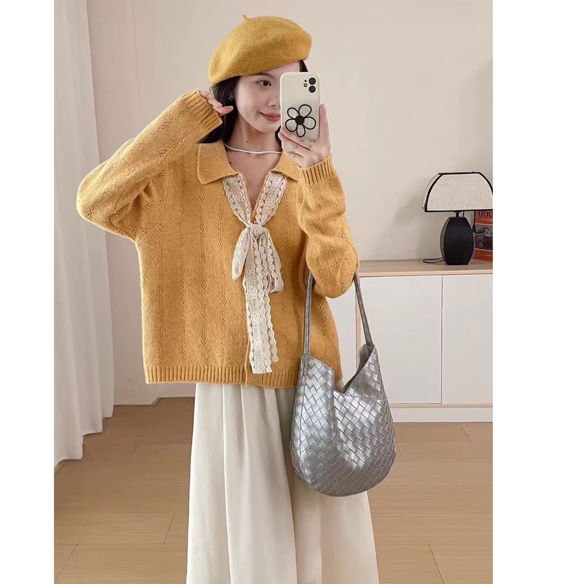 设计感气质系带蝴蝶结V领混纺毛衣开衫洋气减龄针织衫1305