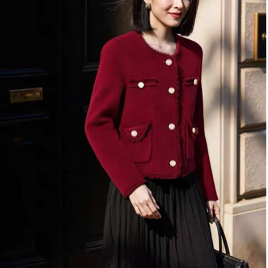 2505冬季圆领单排扣长袖女通勤风短外套气质羊毛大衣