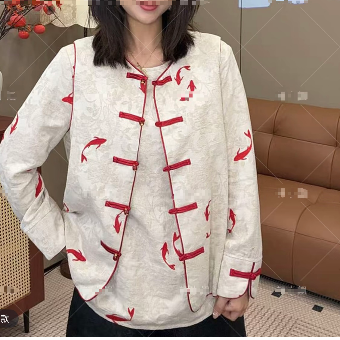 【深圳南油二姐】秋季新款中国风气质圆领刺绣毛边小鱼马甲