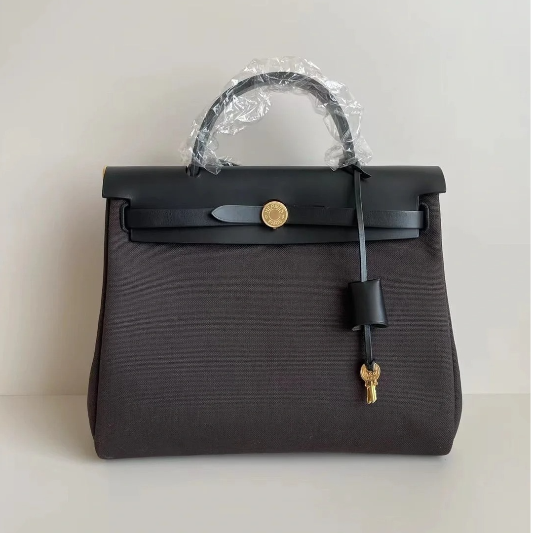 99新 Hermes/爱马仕 小花JerryHerbag 31黑色拼乌木色 帆布 Z刻包