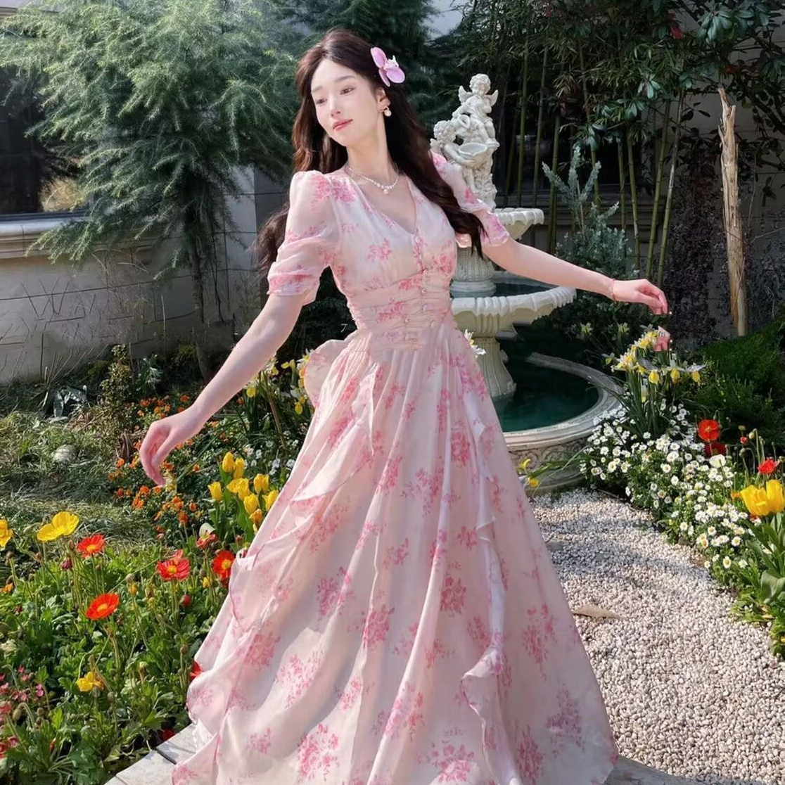 千语栀【野趣蔷薇】温柔甜美连衣裙法式长裙复古收腰显瘦碎花连衣裙