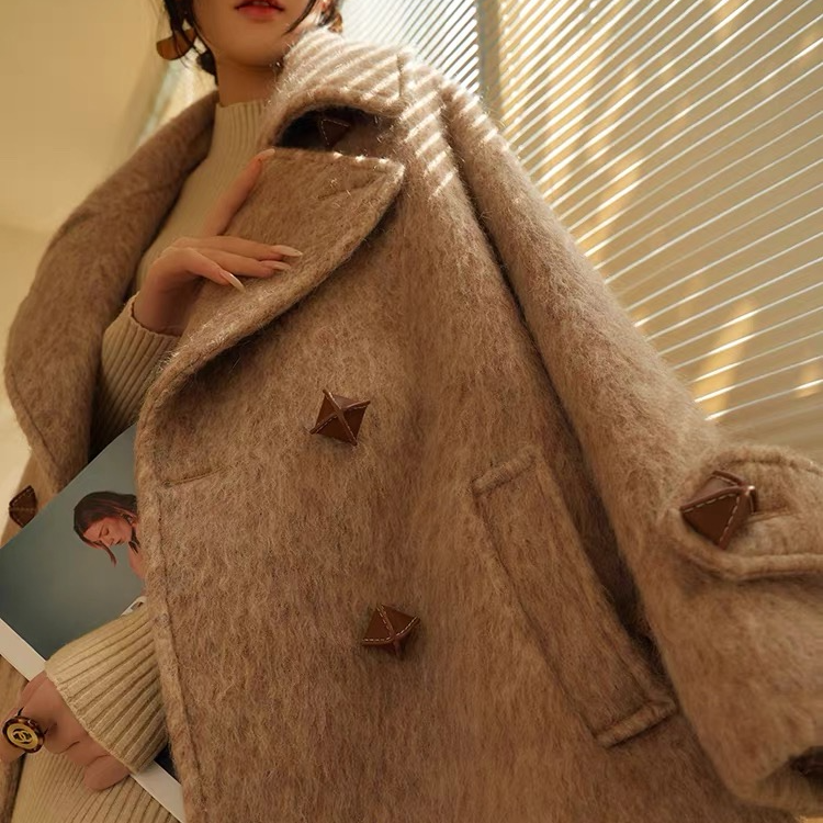 100-120设计琥珀流光灰色牛角扣双面羊绒大衣呢外套女韩版呢羊毛