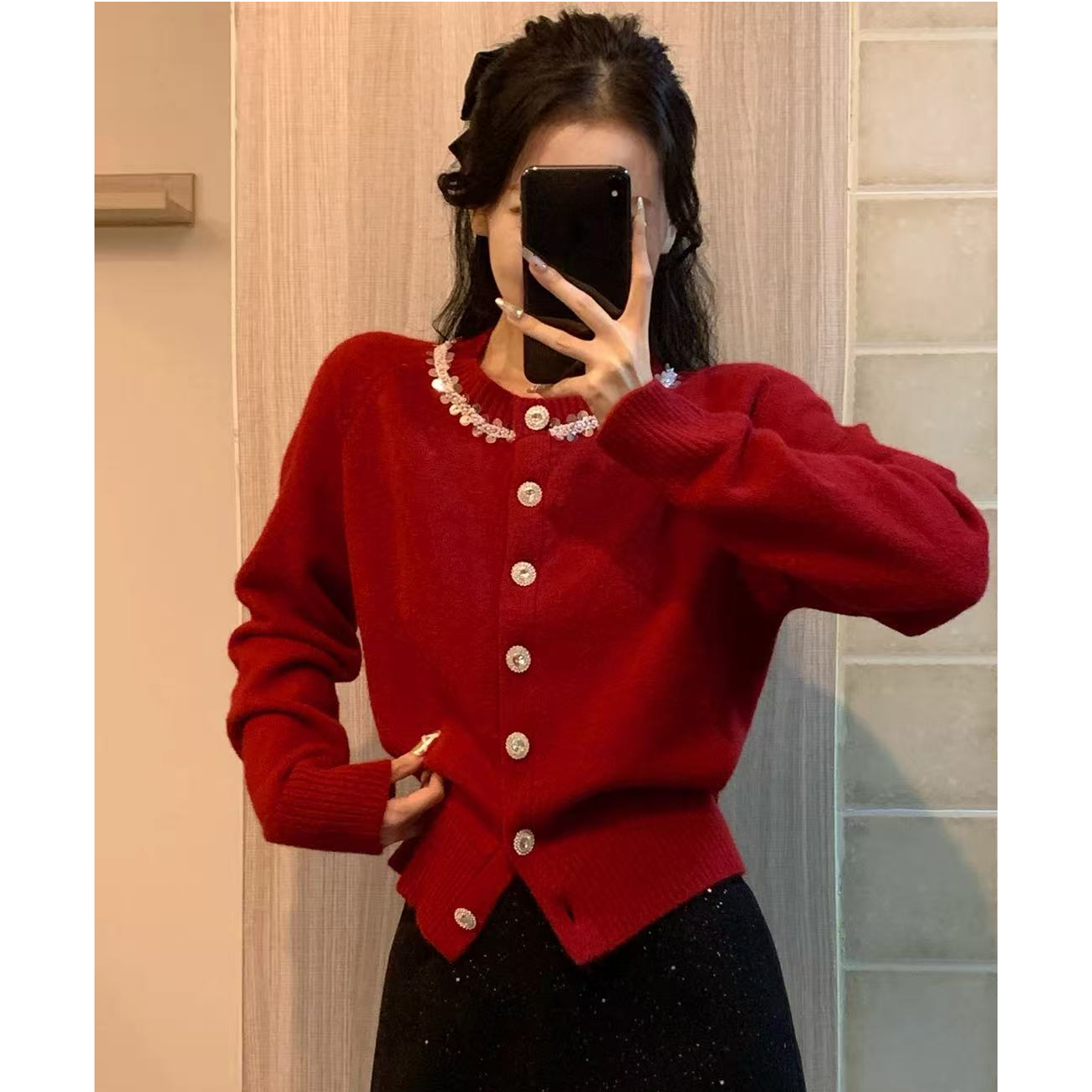 秋冬软糯亮片圆领毛衣开衫外穿针织外套钻扣小香风洋气上衣#9169