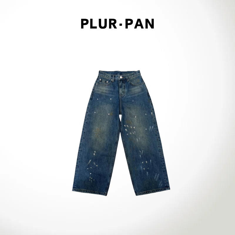 PLUR·PAN泼墨做旧 高街阔腿百搭休闲牛仔裤