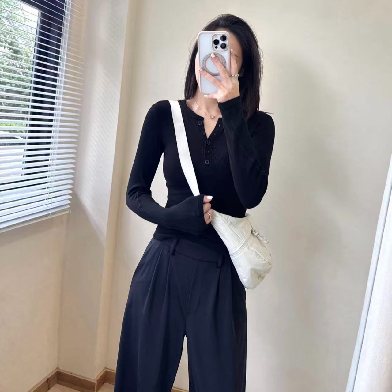 （0ne by 0ne）亨利长款衣长袖薄款女装纯色常规圆领上衣打底衫