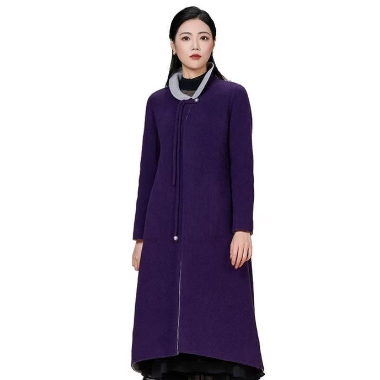 SUSSI/古色立领紫色系带扣钉珠双面呢中长外套时尚中长款秋冬保暖