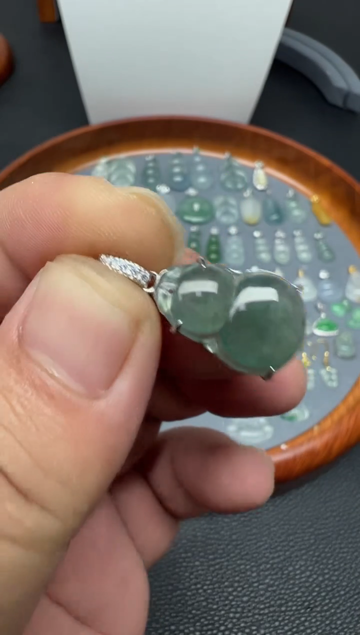 颈饰银S925镶嵌翡翠（14号）纯天然A货缅甸翡翠 葫芦吊坠