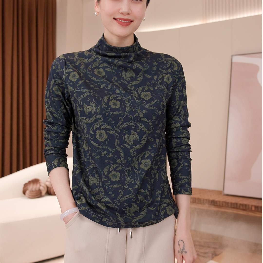 双面德绒印花半高领离子发热德绒保暖长袖打底X4