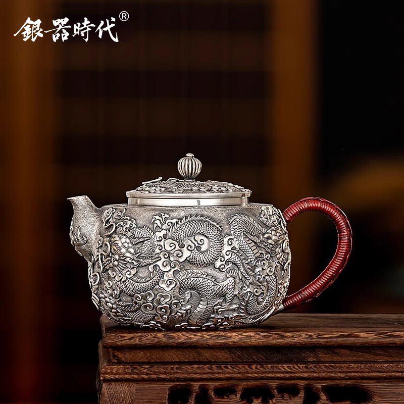 银器时代 银壶足银999泡茶壶满錾龙纹茶具复古大号办公家用银茶壶