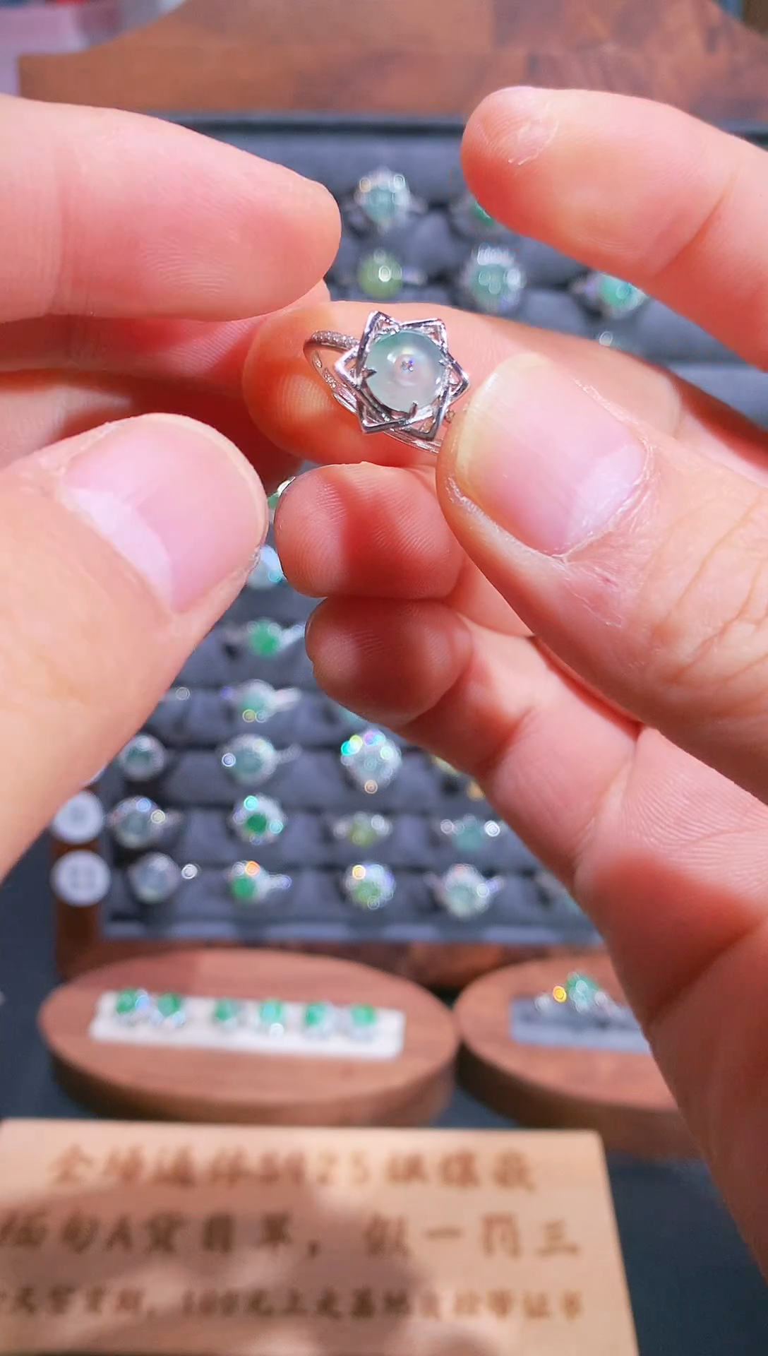 银S925镶嵌戒指翡翠S925银镶翡翠平安扣女饰品