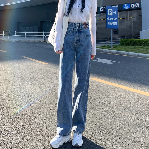 高腰阔腿裤加绒牛仔裤女2025秋冬新款小个子直筒宽松显瘦女士裤子