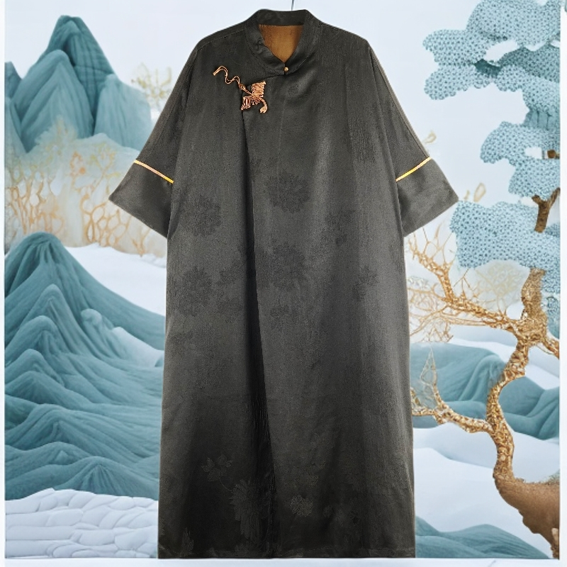 LI2025新款时尚黑色老料重磅袍子仙鹤盘扣中国风连衣裙 8084