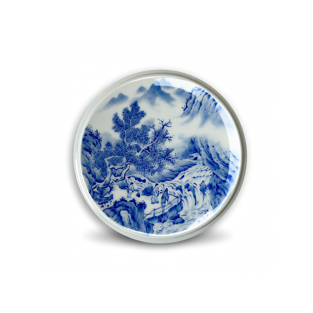 雏凤珍藏丨重工青花山水盖置9.5cm景德镇纯手工手绘釉下高端茶器