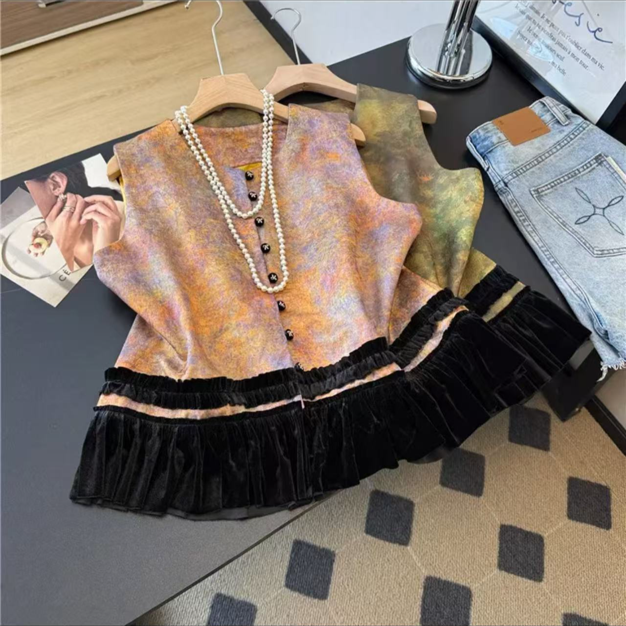 2025秋新款提花拼接马夹新中式织金纱马甲上衣外搭高质感穿搭