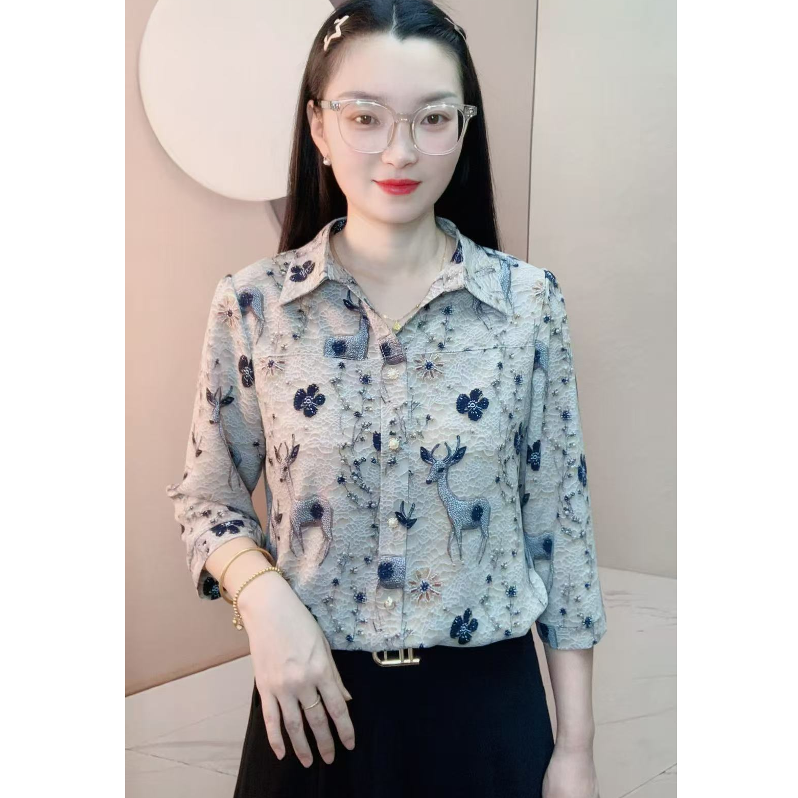 【店铺热销】夏季印花七分袖气质衬衫2025时尚洋气减龄显瘦女士上衣