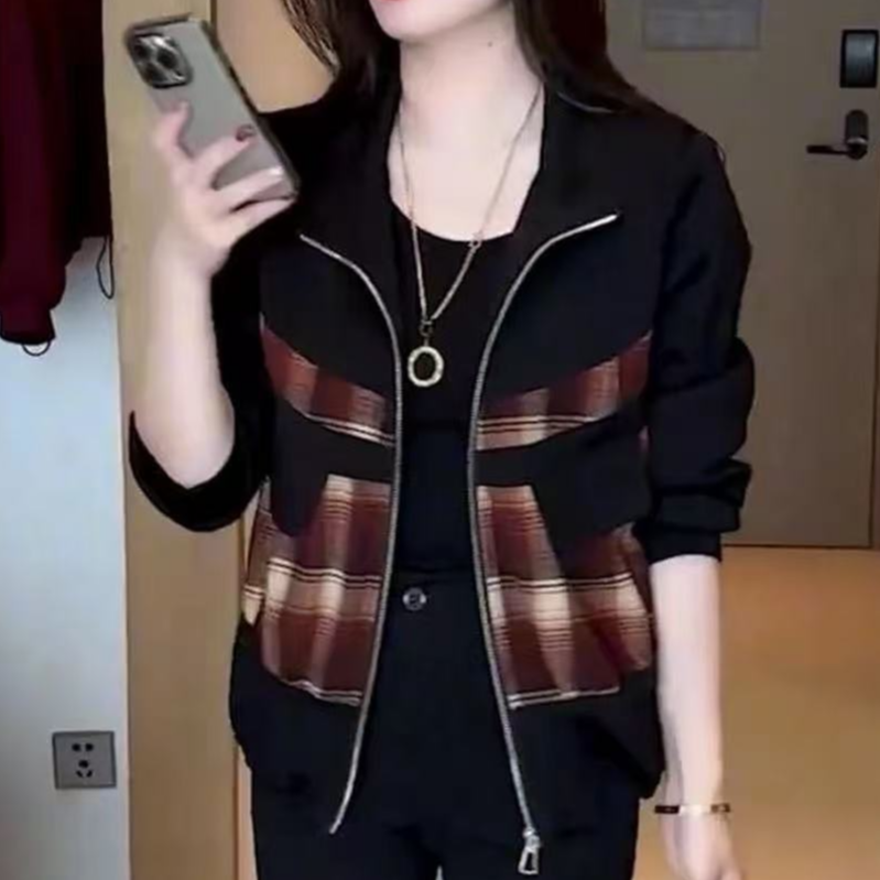 秋冬新款洋气格子拼接加绒外套时尚棉衣气质夹克女士上衣9850长57