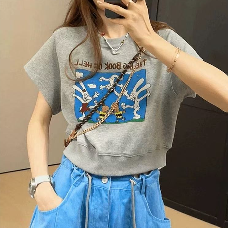 6346#2025新款百搭小众蝙蝠袖印花显瘦短款T恤