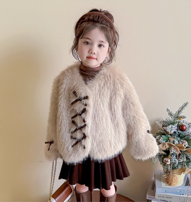 2025秋冬蝴蝶结儿童毛毛衣外套千金公主风女童宝宝韩版加厚大衣厚