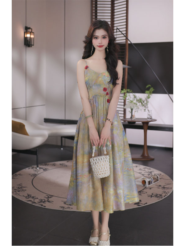 依漾Y-【莫奈睡莲】原创新款显瘦时尚连衣裙-52618Q