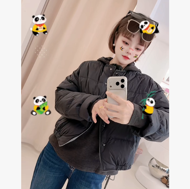 冬季短款时尚内里拼色圆领下松紧轻薄羽绒服