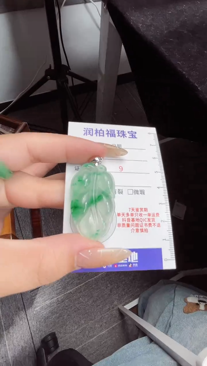 吊坠(赠链)银S925镶嵌石英质玉（非洲翠）22.375叶子