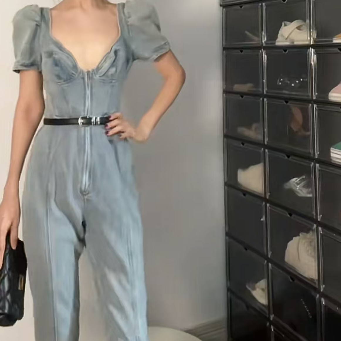 水洗色牛仔连体高腰