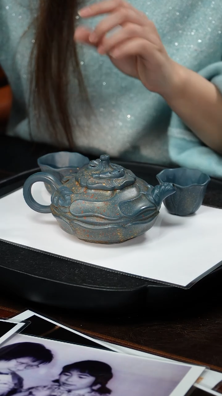 茶壶紫砂高建芳 风卷葵套组10 绿泥 350毫升 配一杯一碟