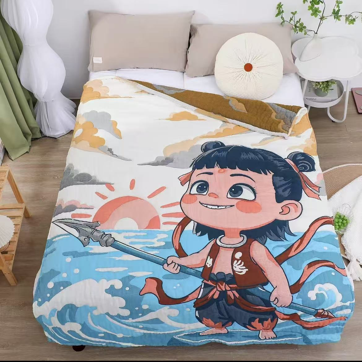【哪吒闹海】150*200cm亲肤可爱卡通柔软纱布棉泡芙被XH