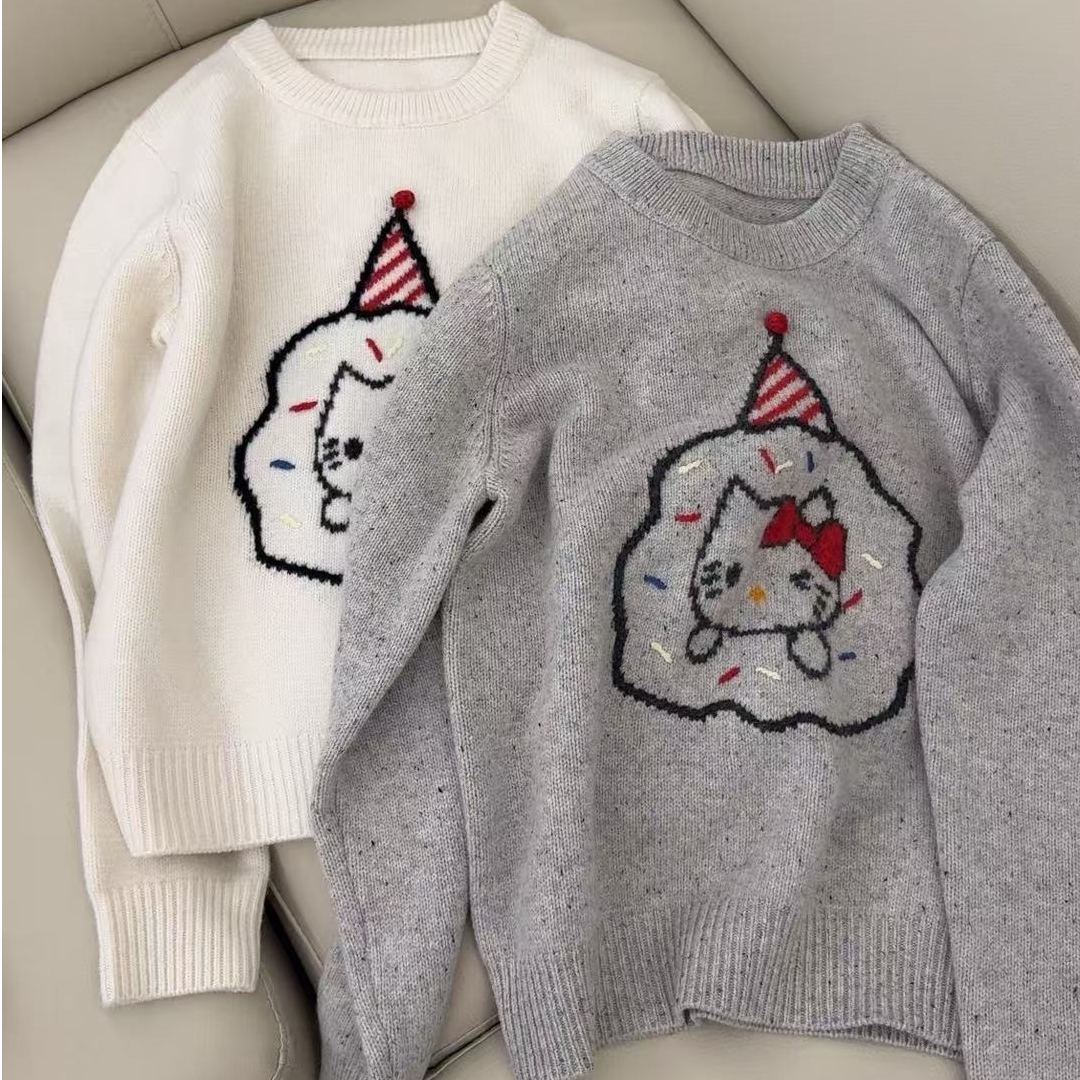 【原 歌】390克100羊毛圆领圣诞小猫针织毛衣YG1042