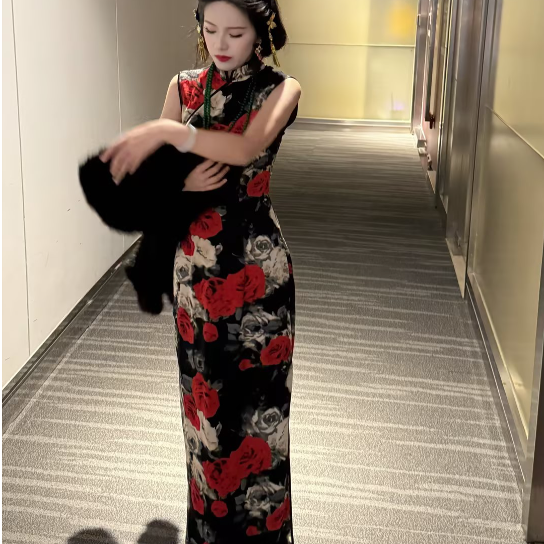 LHMknk1画报夫人原创港工高级显瘦旗袍复古花连衣裙  暗里藏花