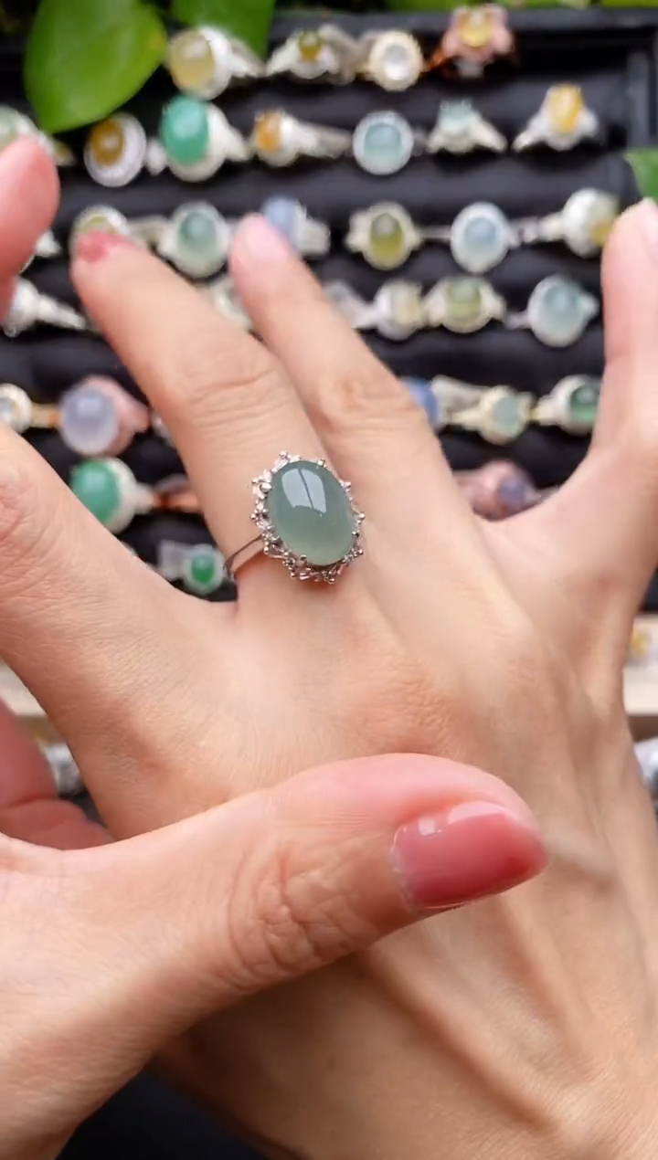 【闪购商品】翡翠戒指银S925镶嵌缅甸天然A货翡翠44  1-