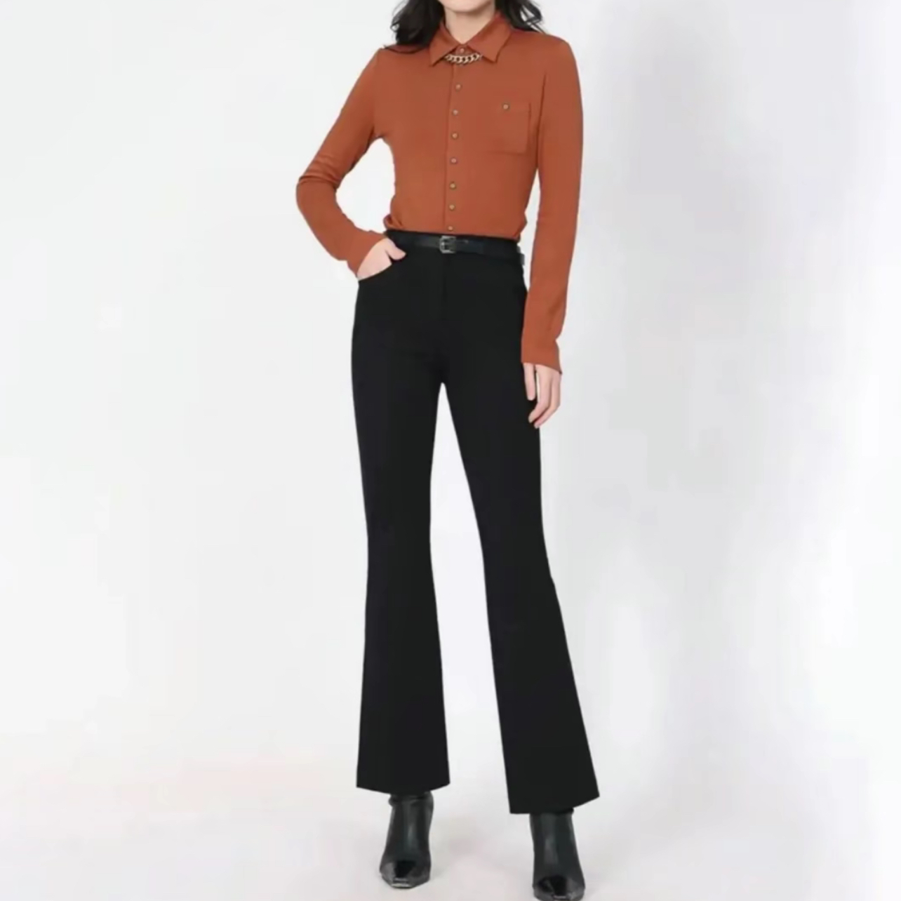 GIRDEAR/哥弟女装时尚新款弹力黑色高腰微喇裤通勤裤女款1192288