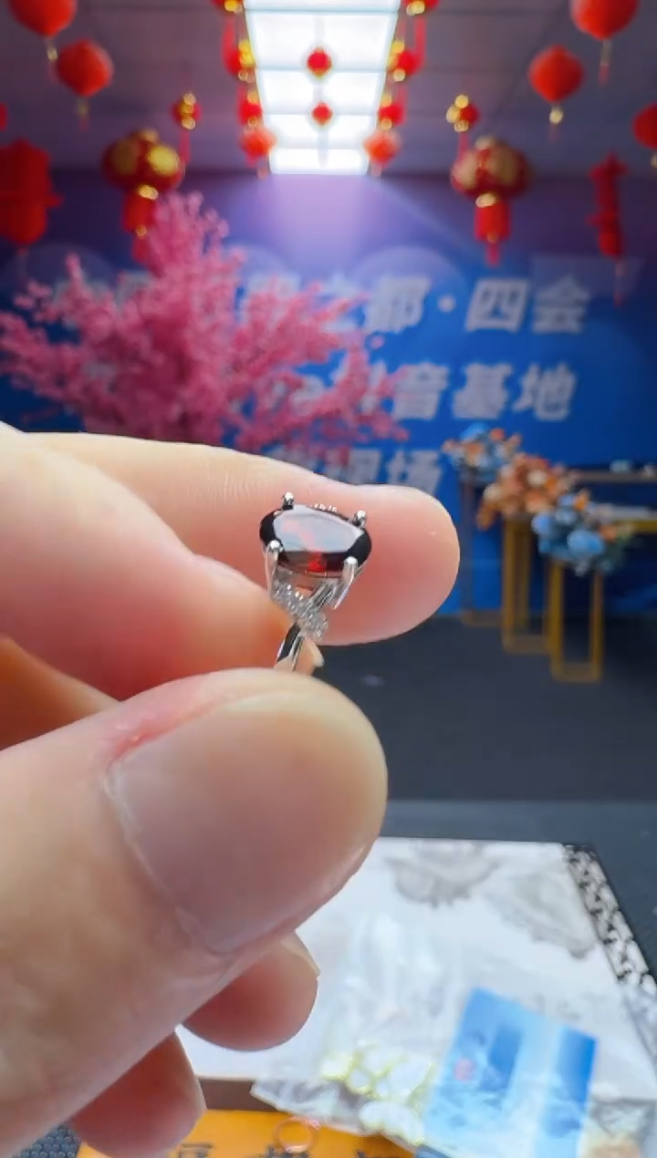 石榴石戒指银S925镶嵌戒指