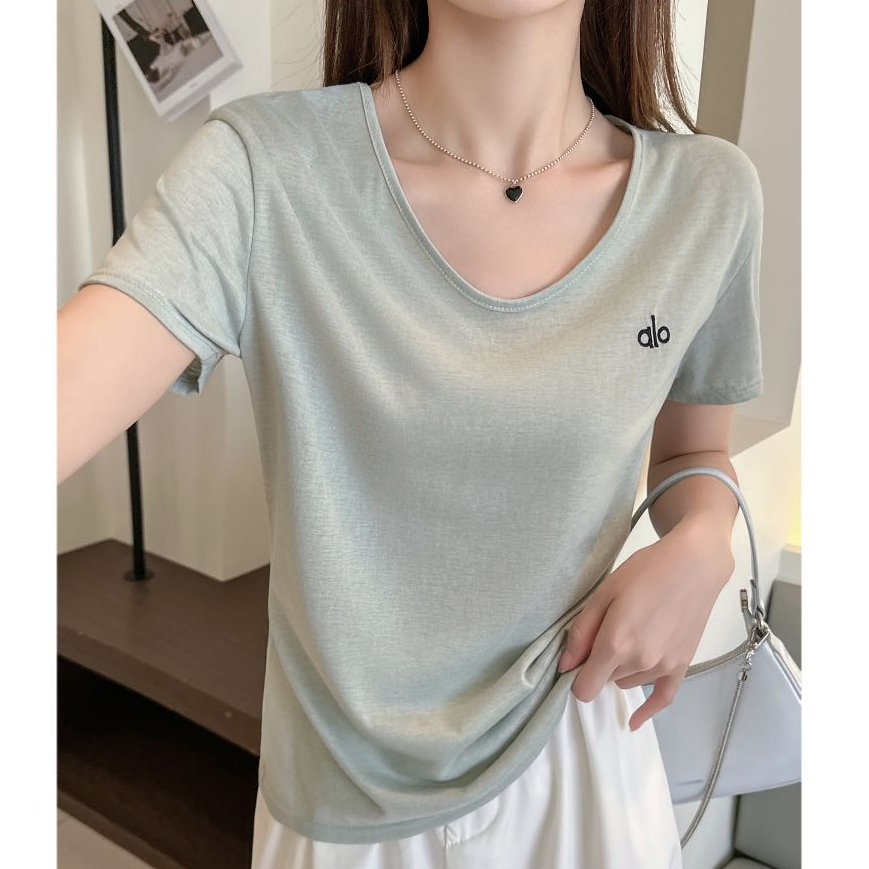 【字母刺绣】韩版V领百搭短袖T恤女2025夏新款宽松上衣3338