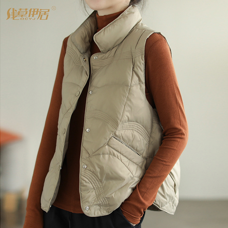白鸭绒羽绒中国风新中式短款轻薄保暖秋冬立领马甲坎肩休闲宽松
